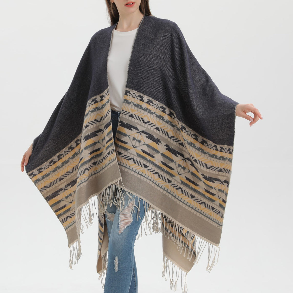 Western Border Print Fringed Wrap - beige - 12
