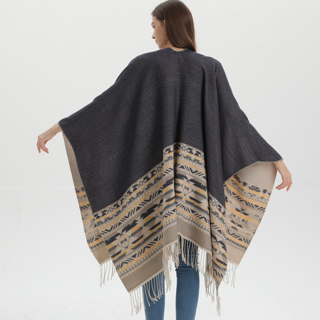 Western Border Print Fringed Wrap - beige - 13