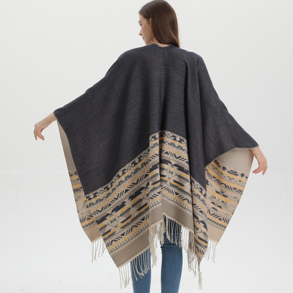 Western Border Print Fringed Wrap - beige - 13