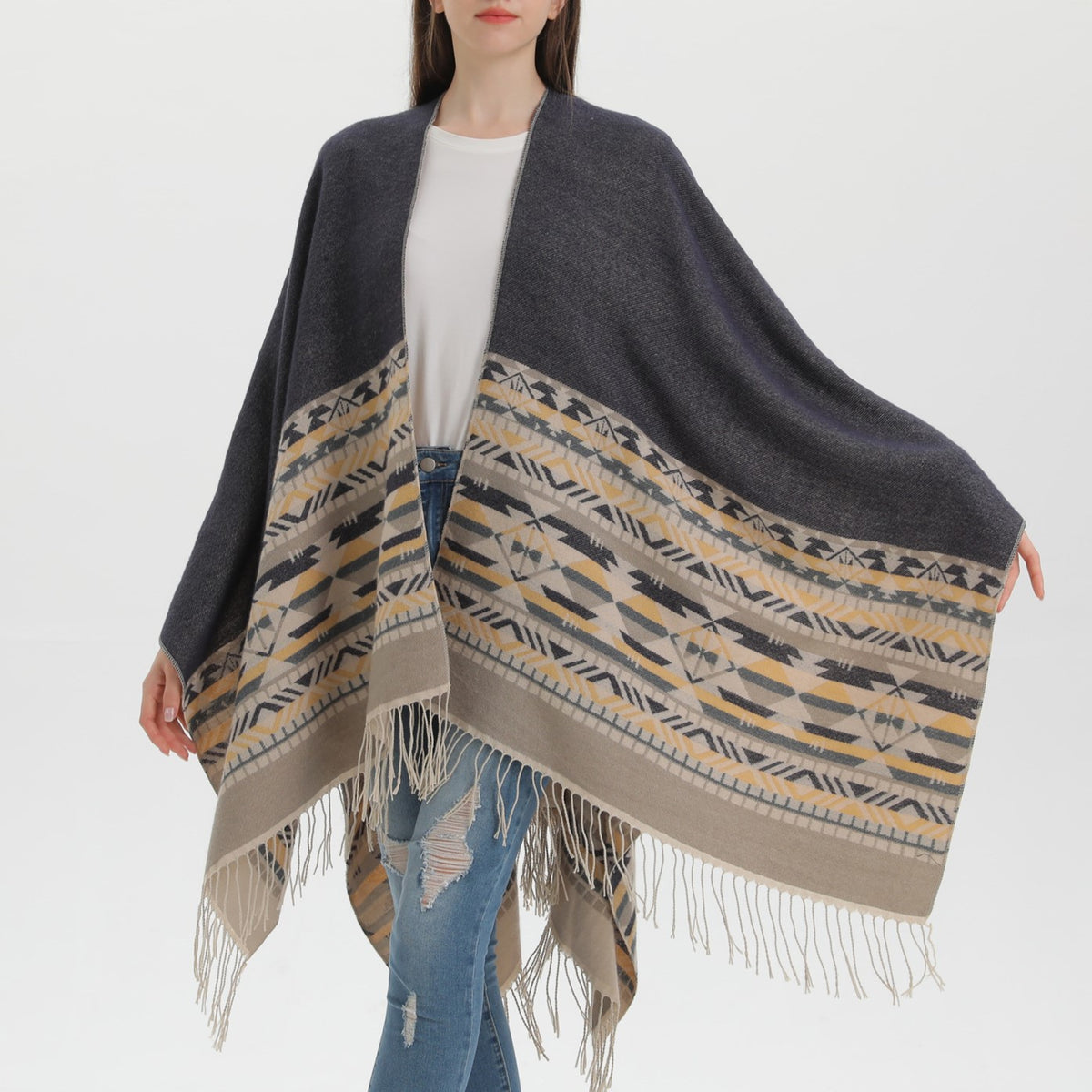 Western Border Print Fringed Wrap - beige - 14