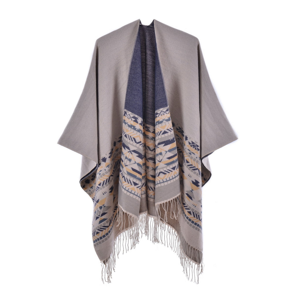 Western Border Print Fringed Wrap - beige - 1