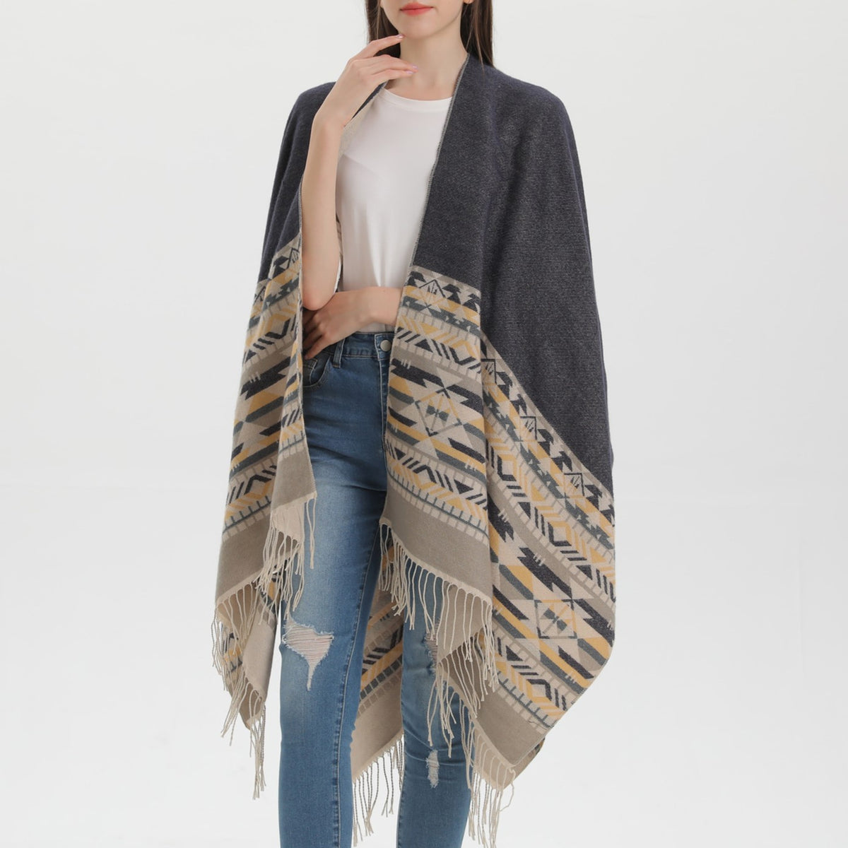 Western Border Print Fringed Wrap - beige - 2