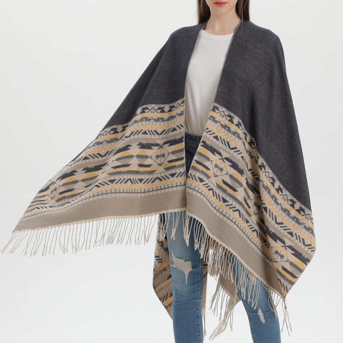 Western Border Print Fringed Wrap - beige - 3