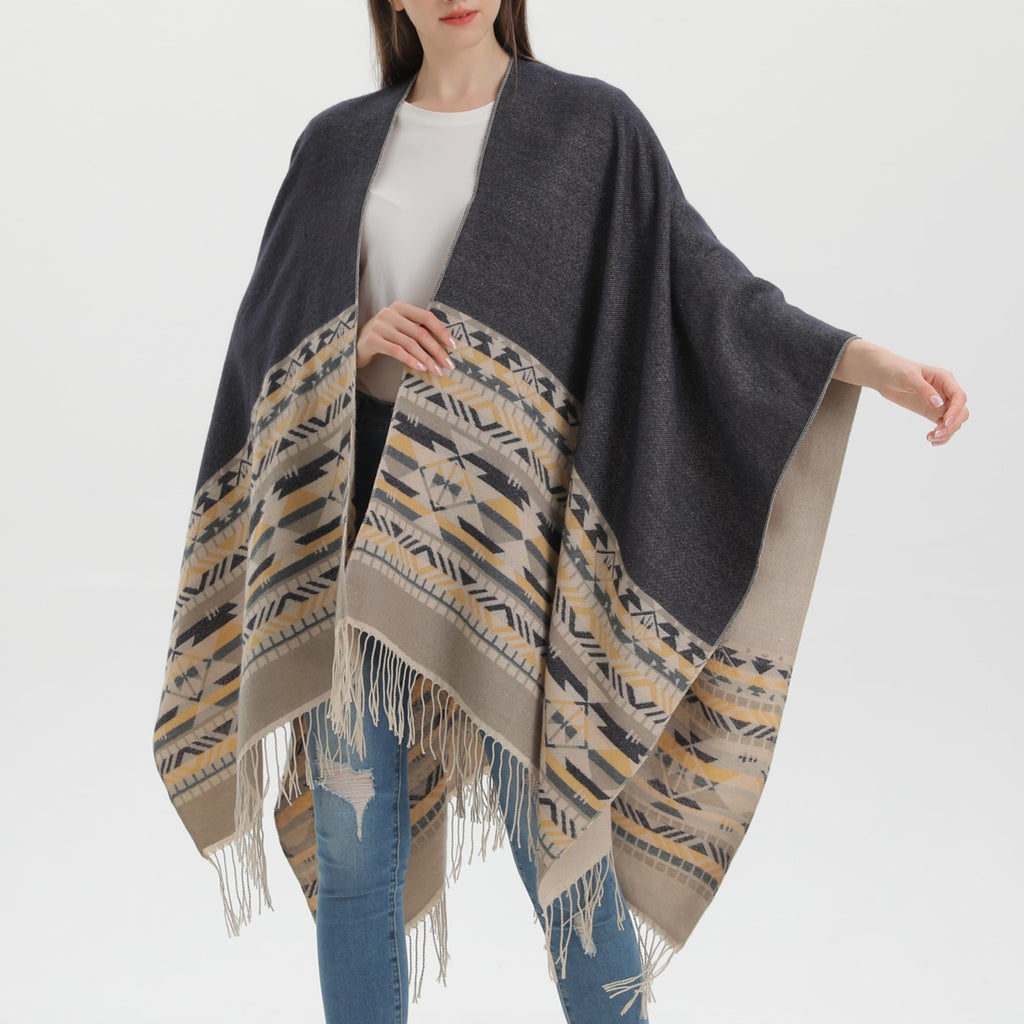 Western Border Print Fringed Wrap - beige - 4