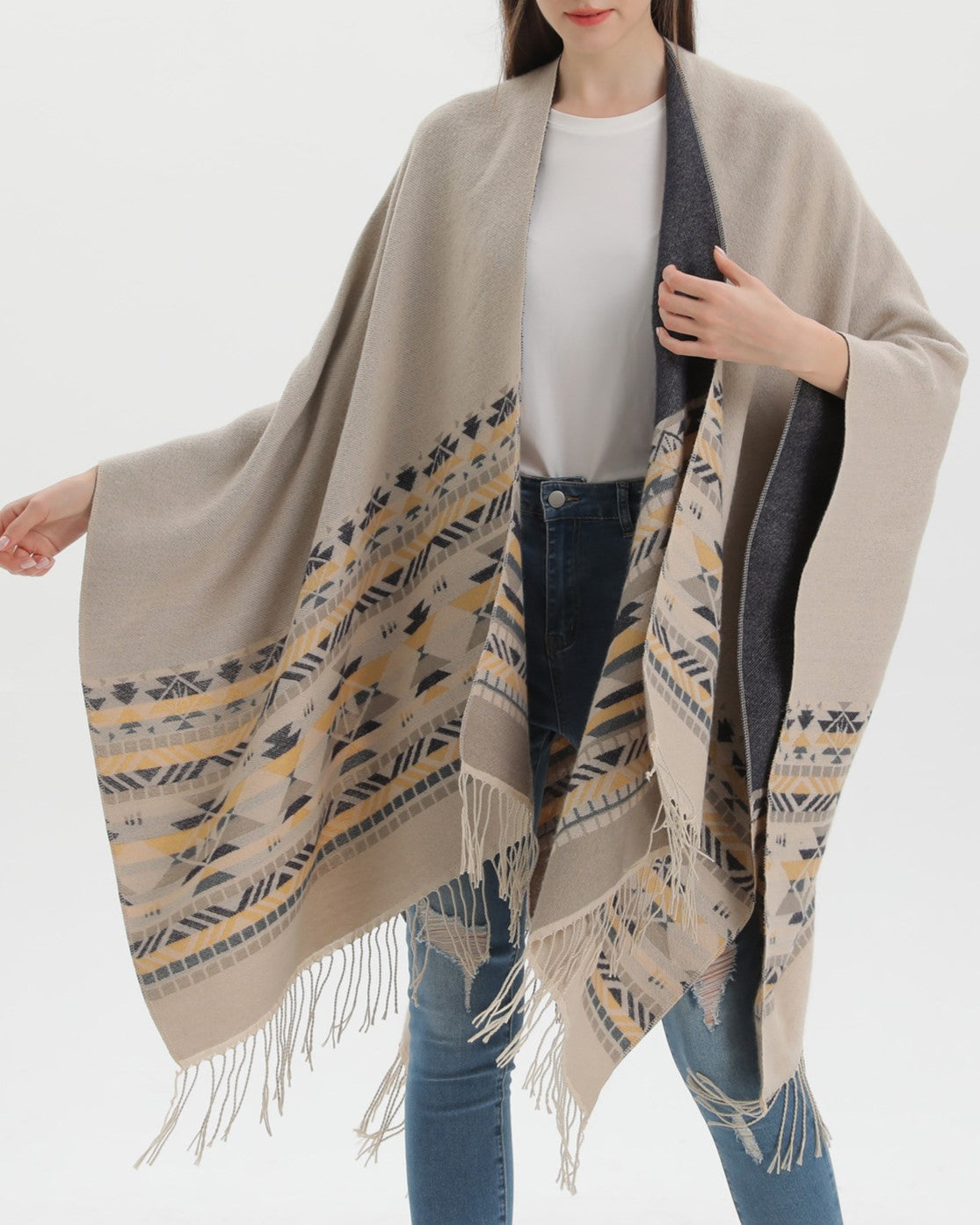 Western Border Print Fringed Wrap - beige - 5