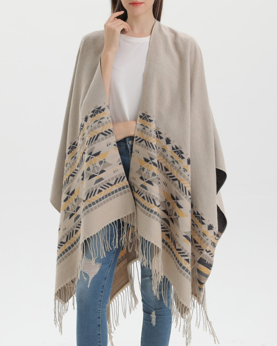 Western Border Print Fringed Wrap - beige - 6
