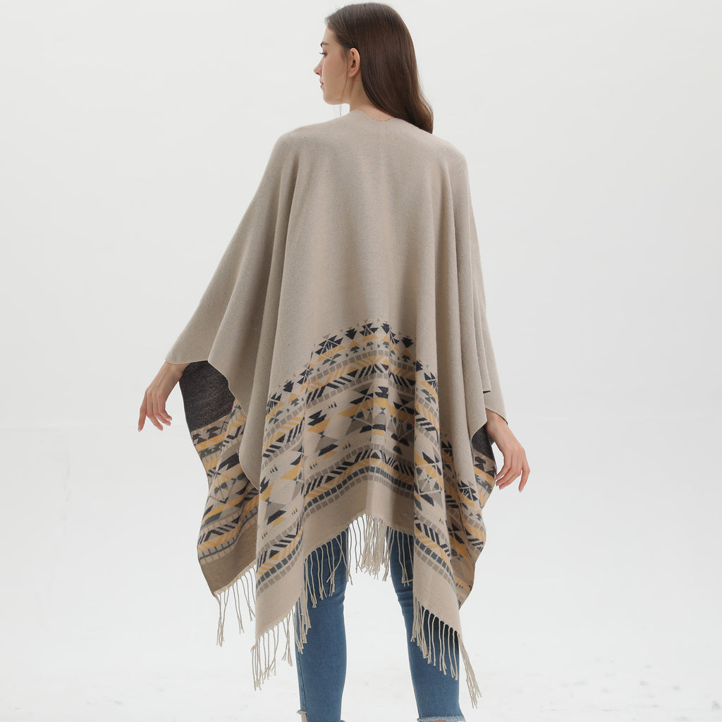 Western Border Print Fringed Wrap - beige - 7