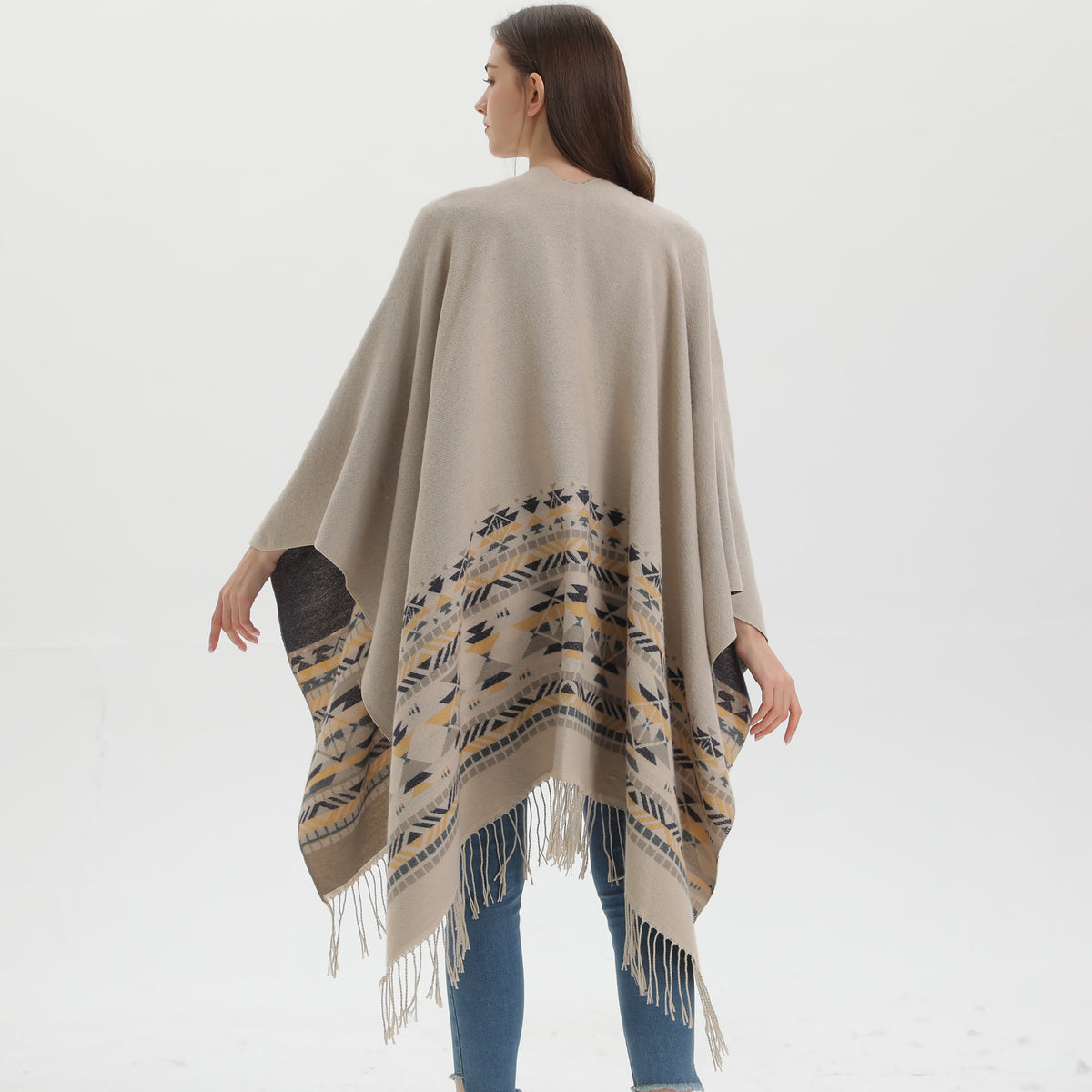 Western Border Print Fringed Wrap - beige - 7