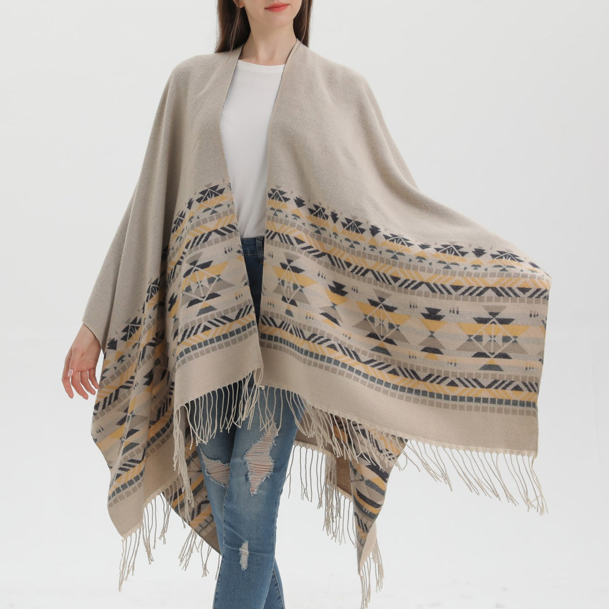 Western Border Print Fringed Wrap - beige - 8
