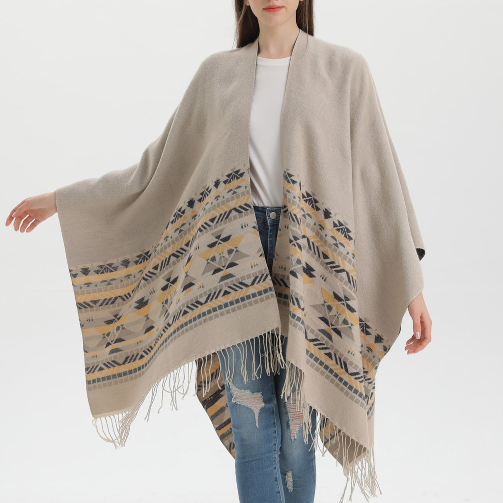 Western Border Print Fringed Wrap - beige - 9