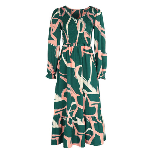 Abstract Brushstroke Print Tiered Midi Dress - Green