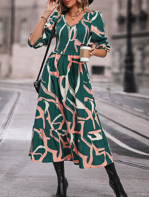 Abstract Brushstroke Print Tiered Midi Dress