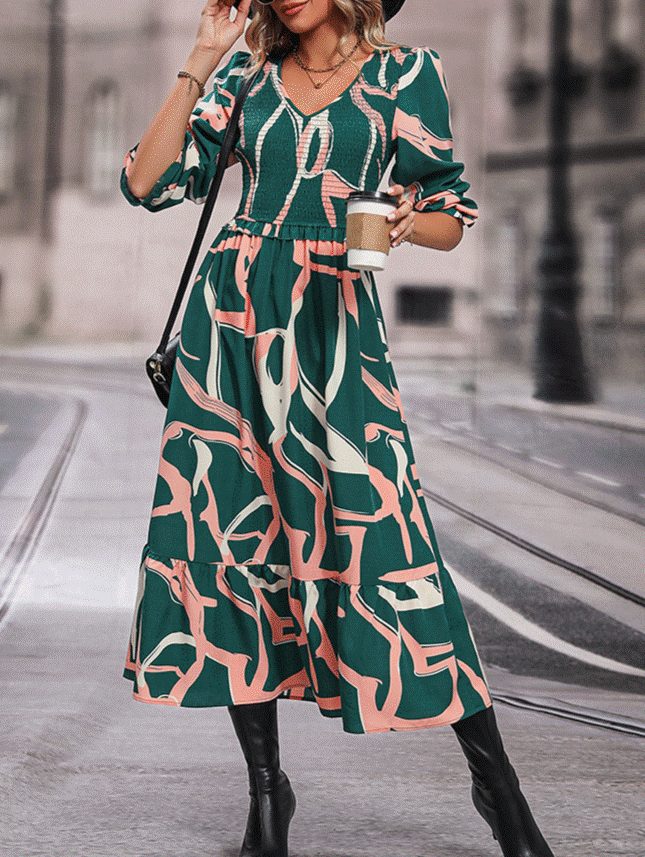 Abstract Brushstroke Print Tiered Midi Dress - view 1