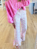 Ditsy Floral Ruffle Hem Wide Leg Pants - Pink