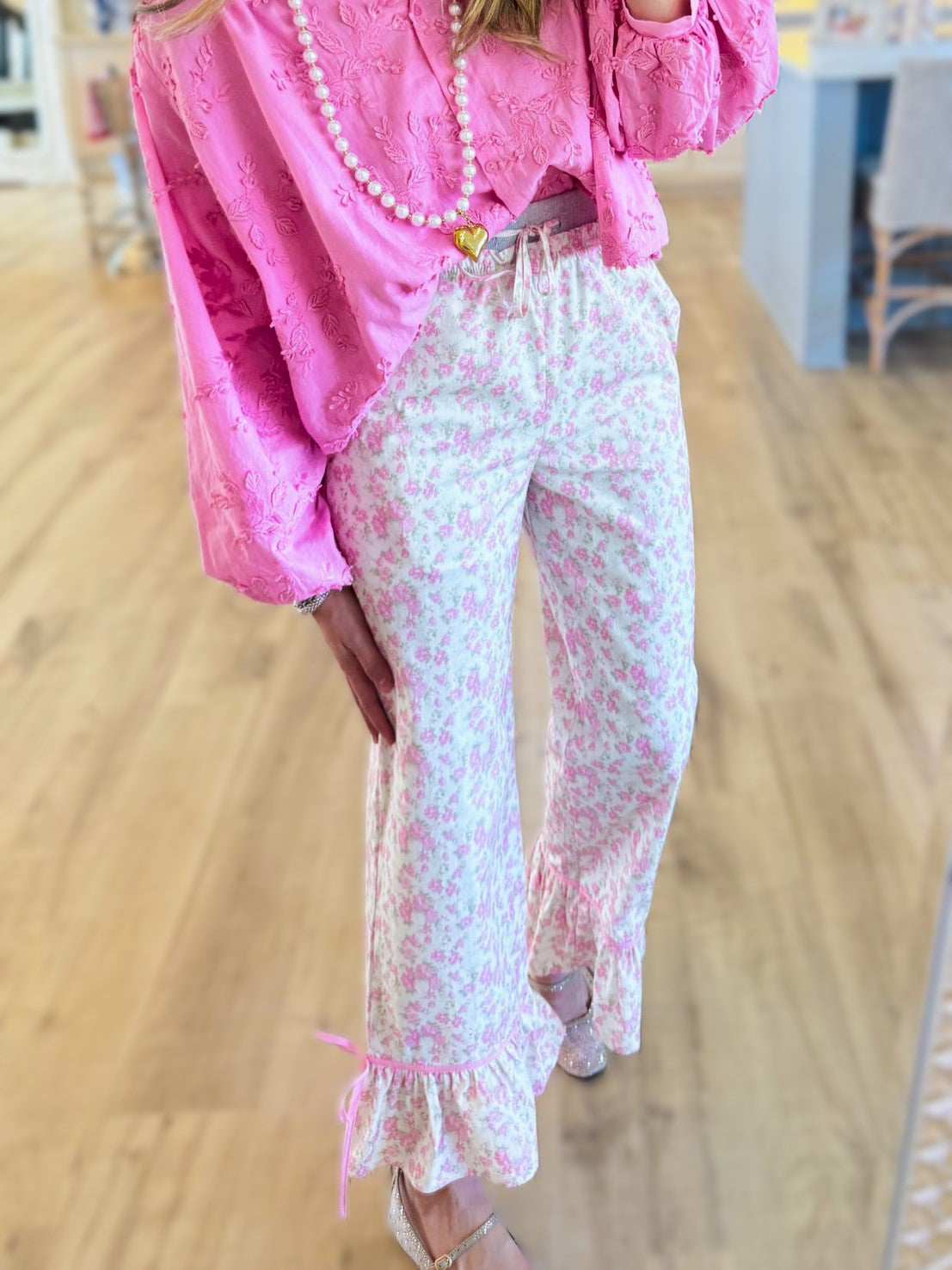 Ditsy Floral Ruffle Hem Wide Leg Pants - Pink