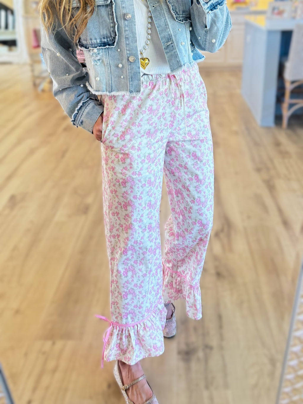 Ditsy Floral Ruffle Hem Wide Leg Pants - Pink - 1
