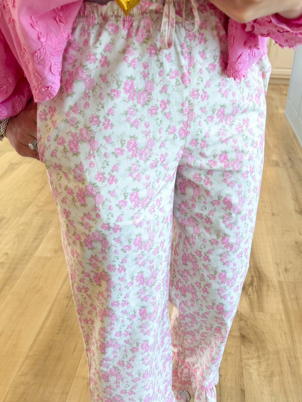 Ditsy Floral Ruffle Hem Wide Leg Pants - Pink - 2