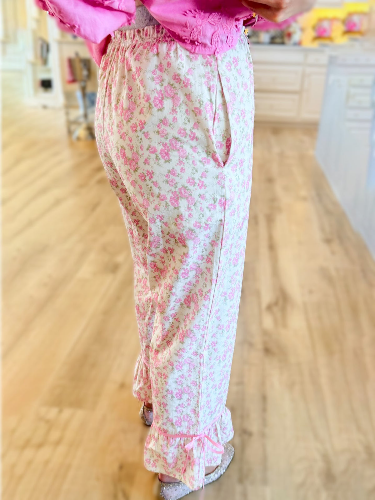 Ditsy Floral Ruffle Hem Wide Leg Pants - Pink - 3
