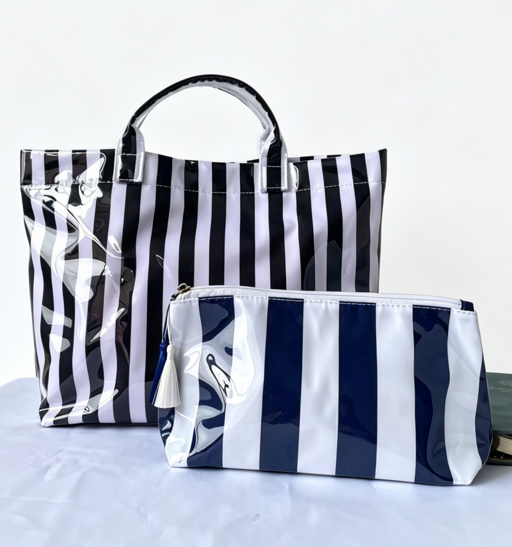 Coated Stripe Tote Bag With Matching Pouch - Black