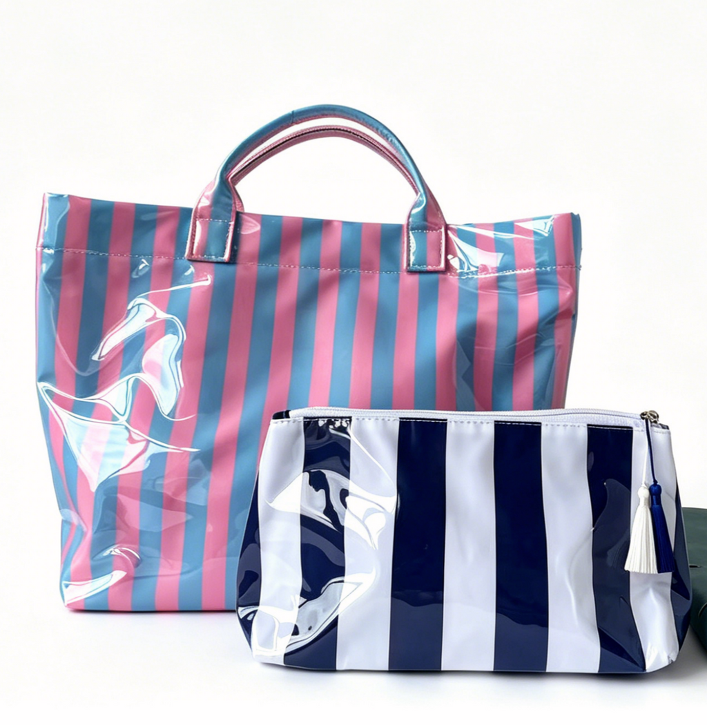 Coated Stripe Tote Bag With Matching Pouch - BluePink