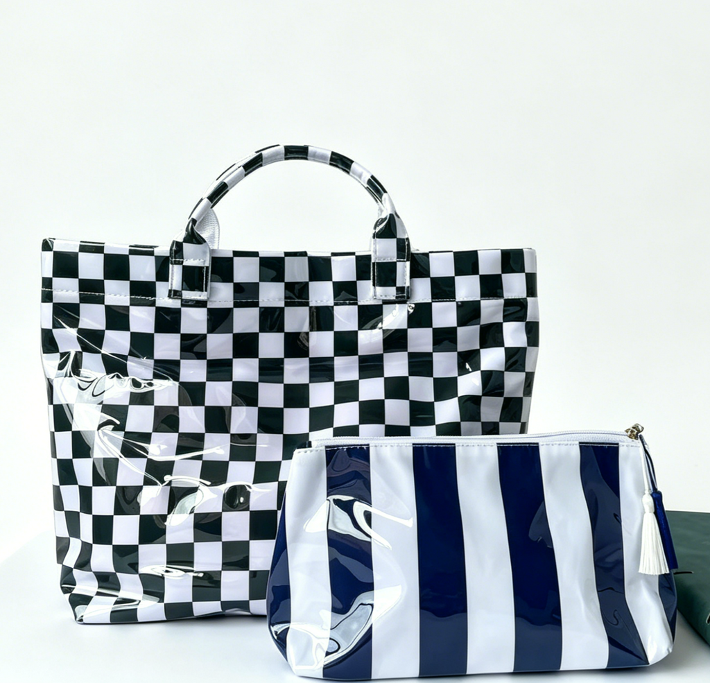 Coated Stripe Tote Bag With Matching Pouch - MGreen