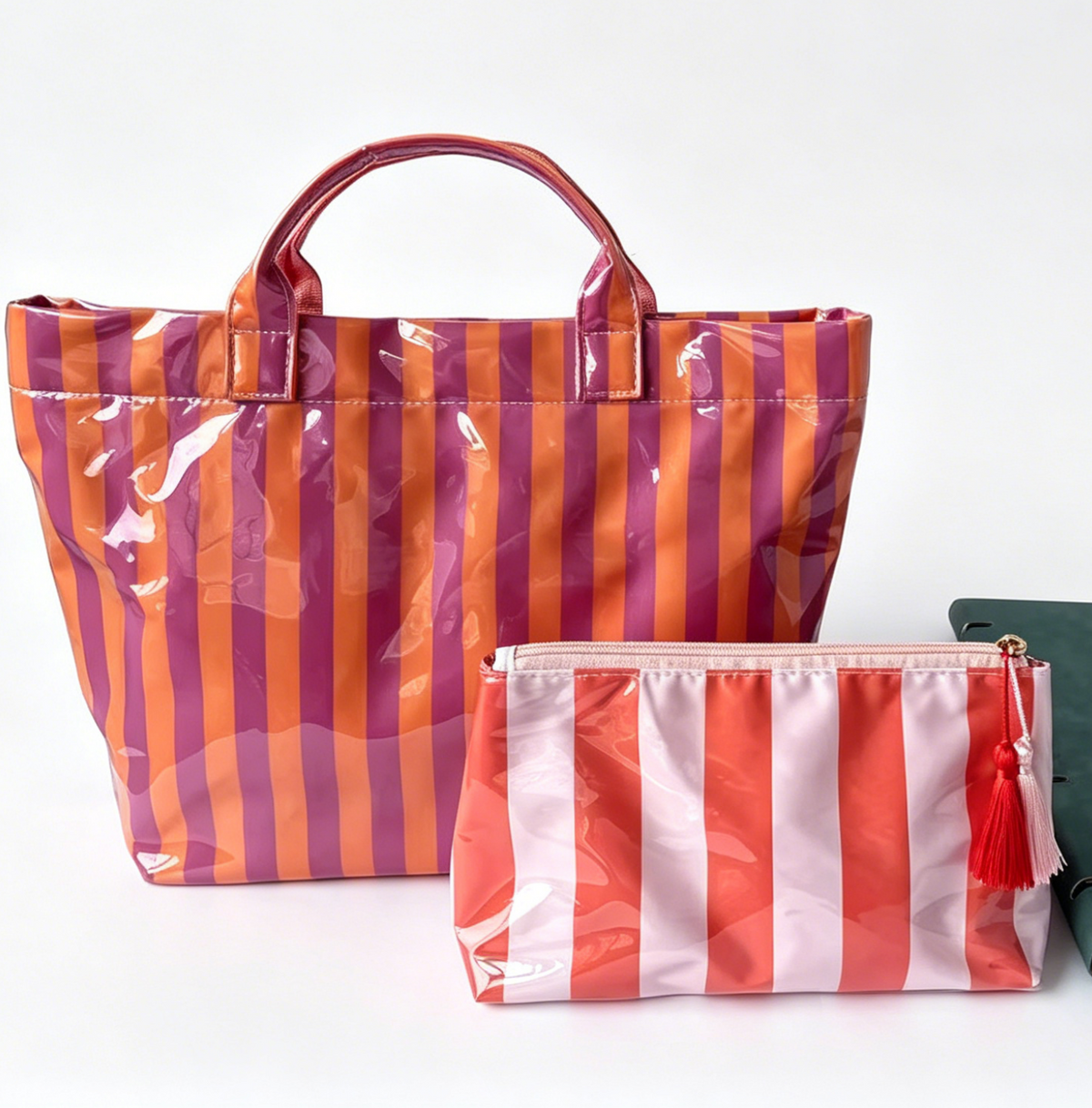 Coated Stripe Tote Bag With Matching Pouch - Orange