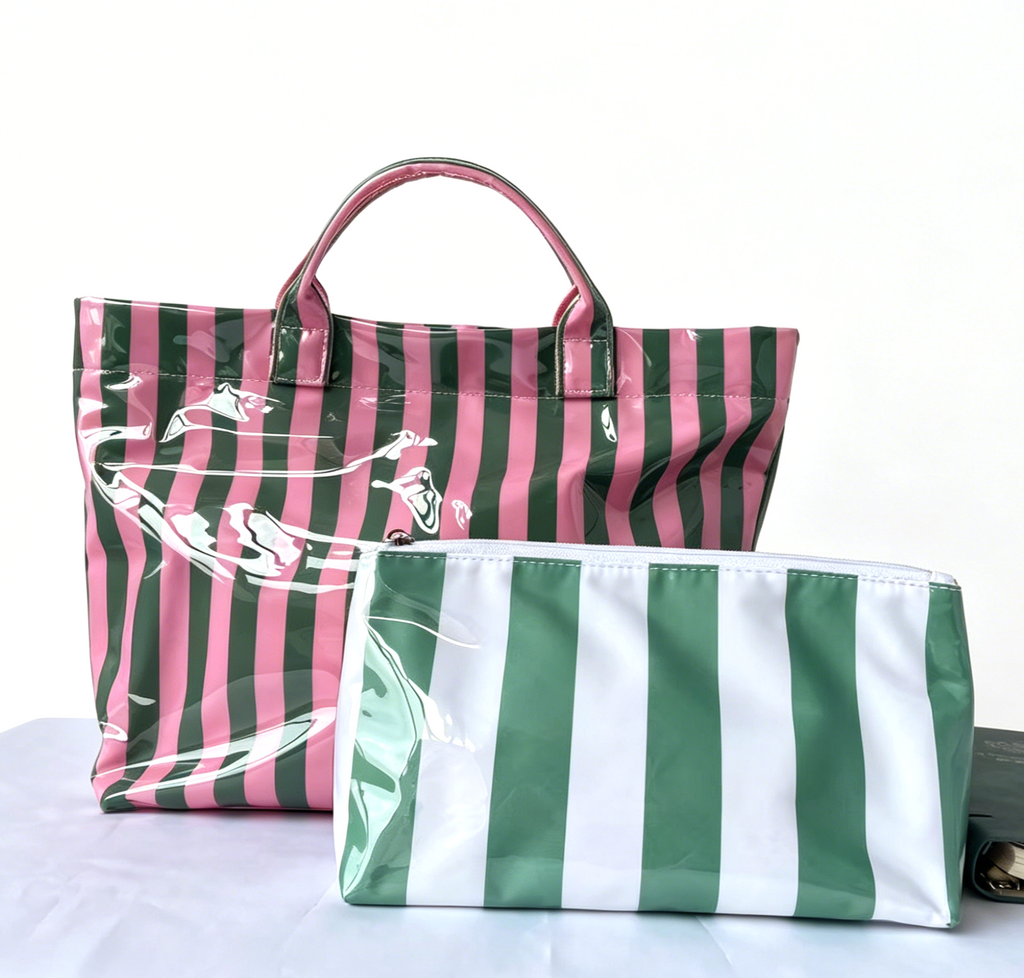 Coated Stripe Tote Bag With Matching Pouch - PGreen