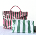 Coated Stripe Tote Bag With Matching Pouch - PGreen