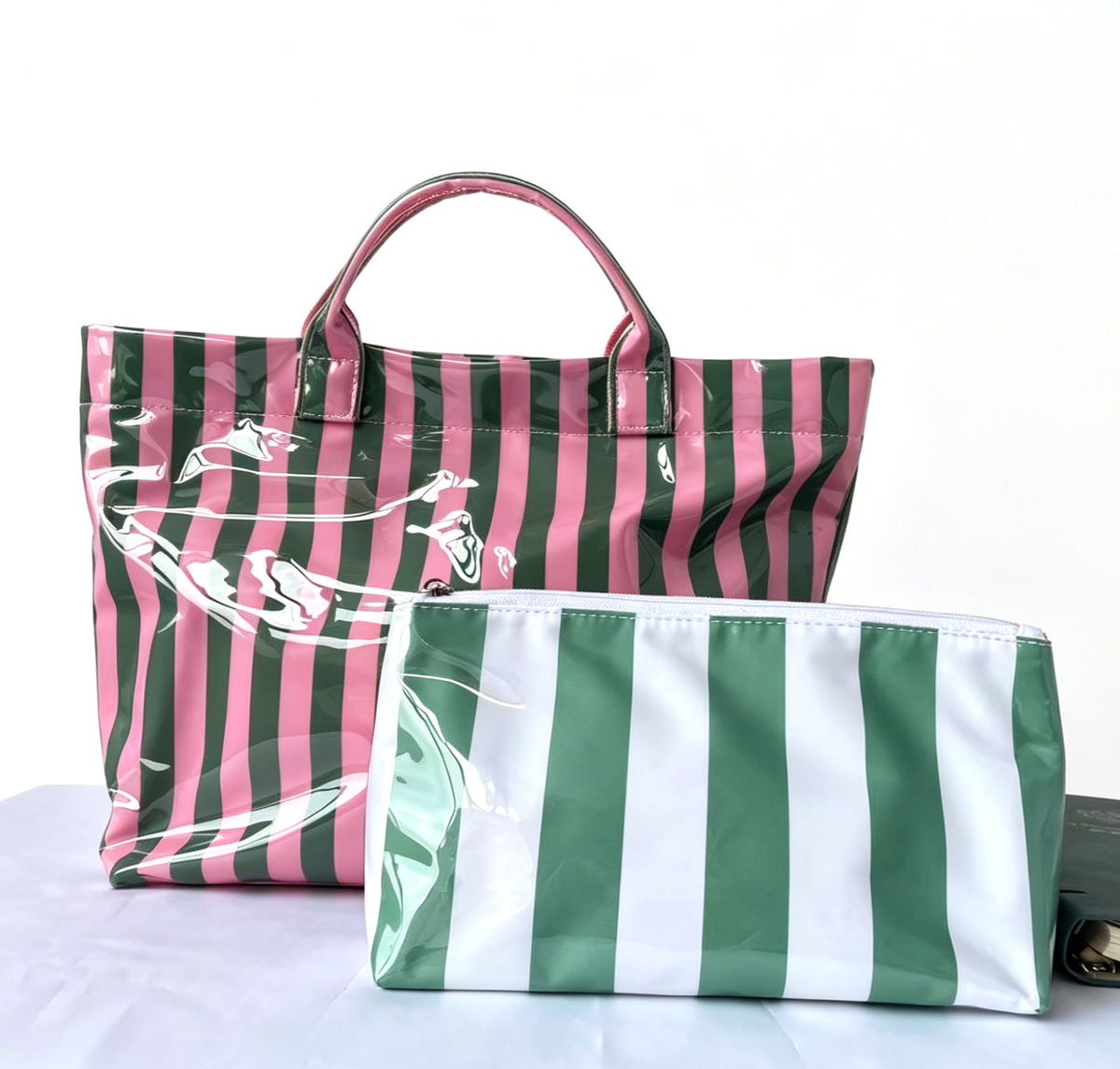 Coated Stripe Tote Bag With Matching Pouch - PGreen