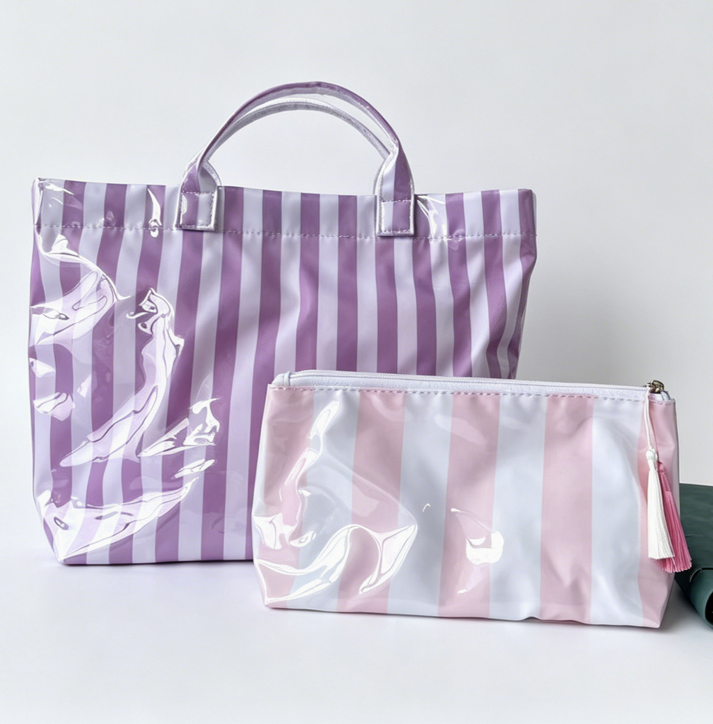 Coated Stripe Tote Bag With Matching Pouch - Purple
