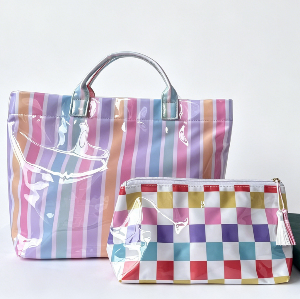 Coated Stripe Tote Bag With Matching Pouch - Rainbow