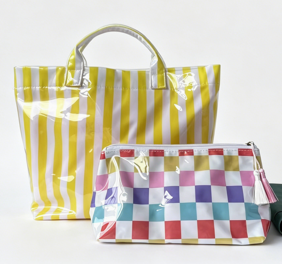 Coated Stripe Tote Bag With Matching Pouch - Yellow