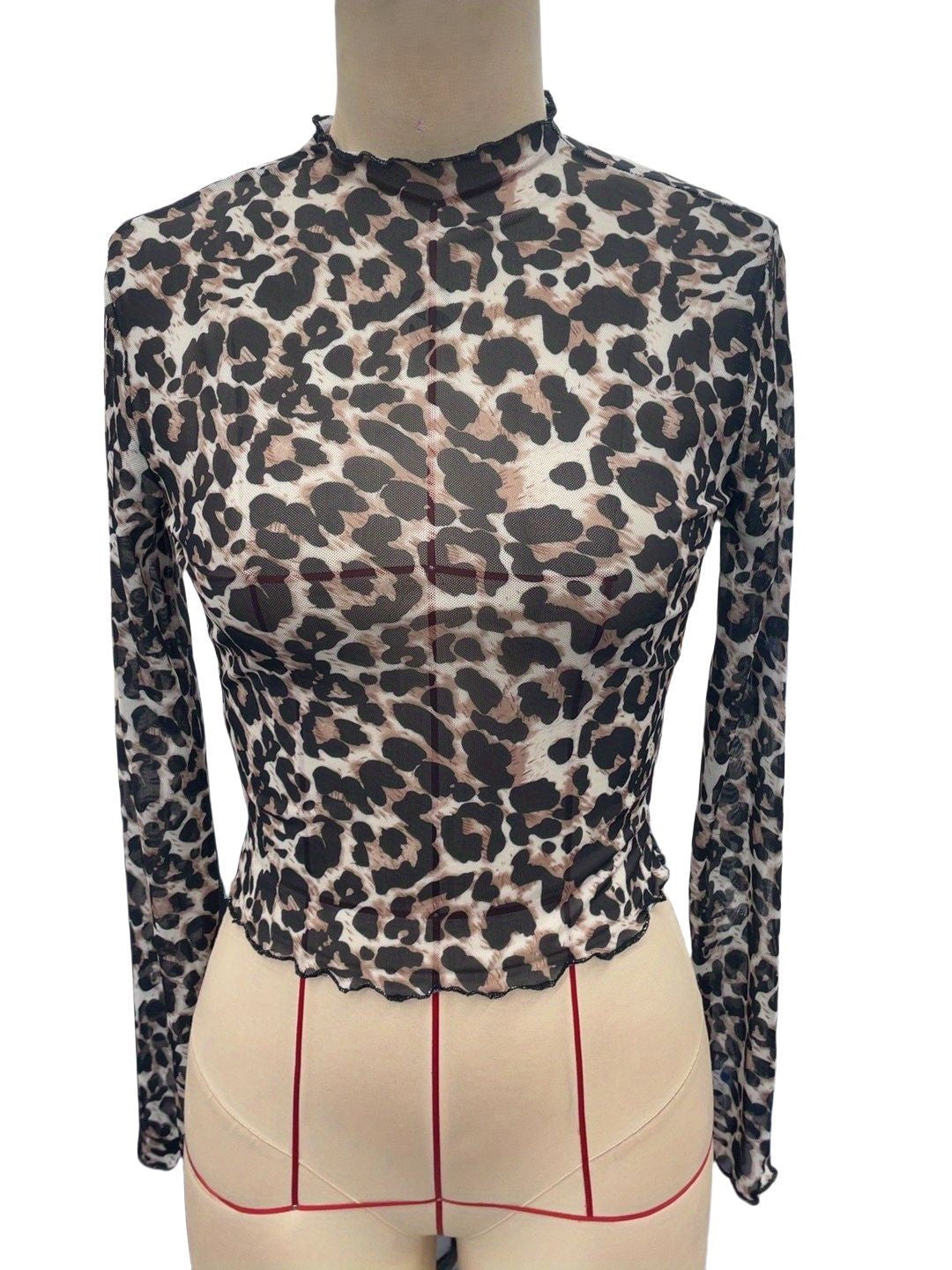 Sheer Mesh Animal Print Mock Neck Crop Top - Khaki
