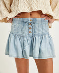 High Waist Gathered Denim Mini Skirt - Blue