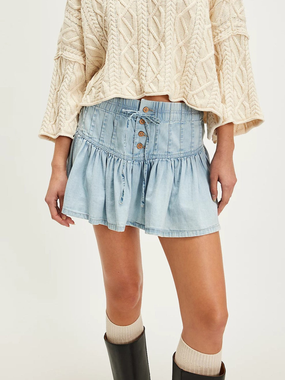 High Waist Gathered Denim Mini Skirt - Blue - 1