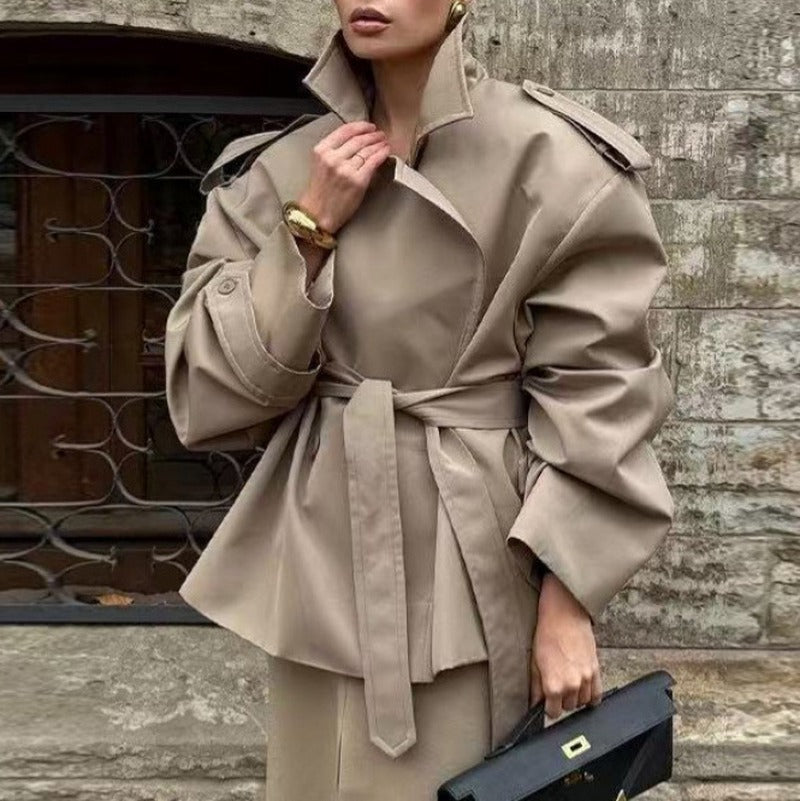 Khaki Oversized Belted Cropped Trench Jacket