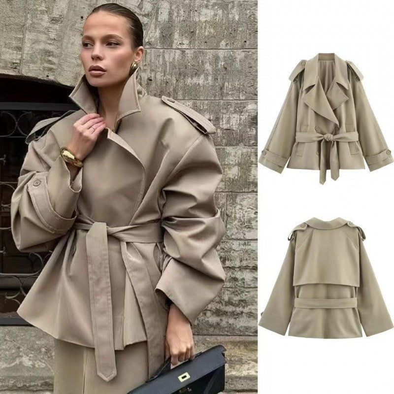 Khaki Oversized Belted Cropped Trench Jacket