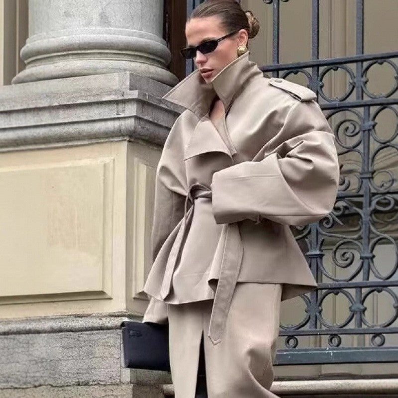 Khaki Oversized Belted Cropped Trench Jacket
