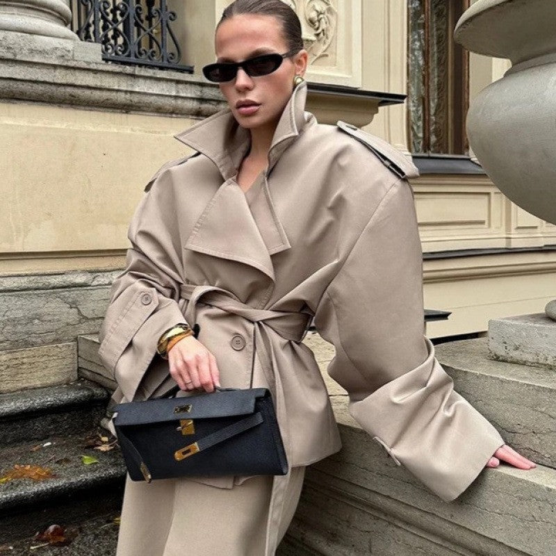 Khaki Oversized Belted Cropped Trench Jacket