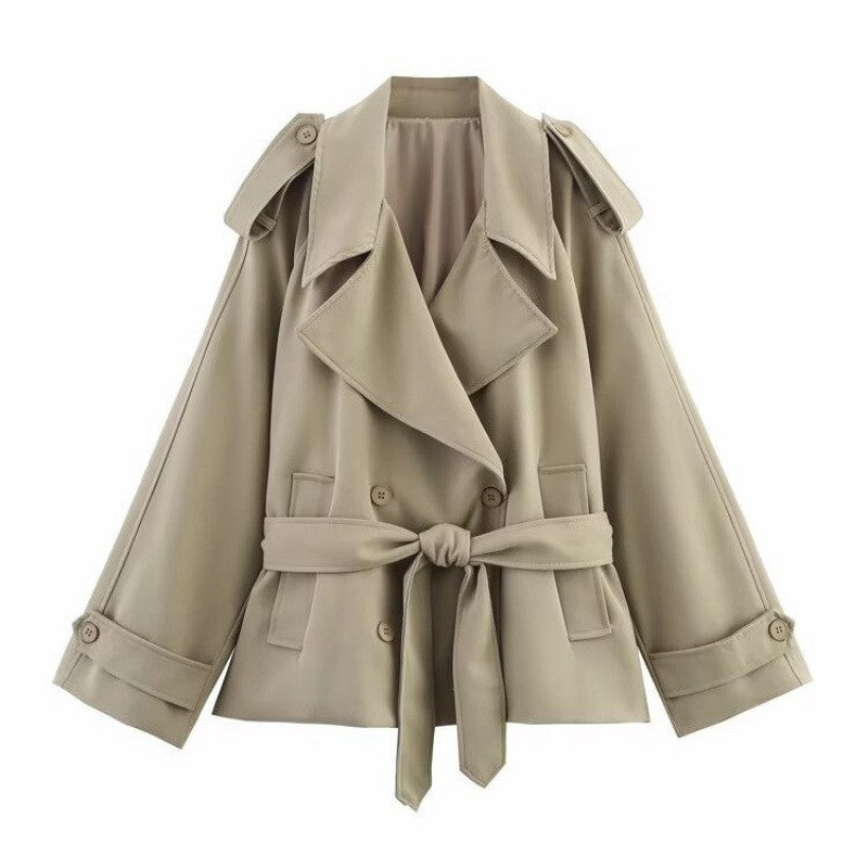 Khaki Oversized Belted Cropped Trench Jacket