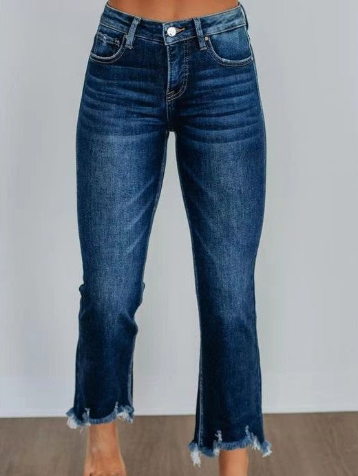 Frayed Hem Cropped Kick Flare Jeans - Dark-Blue