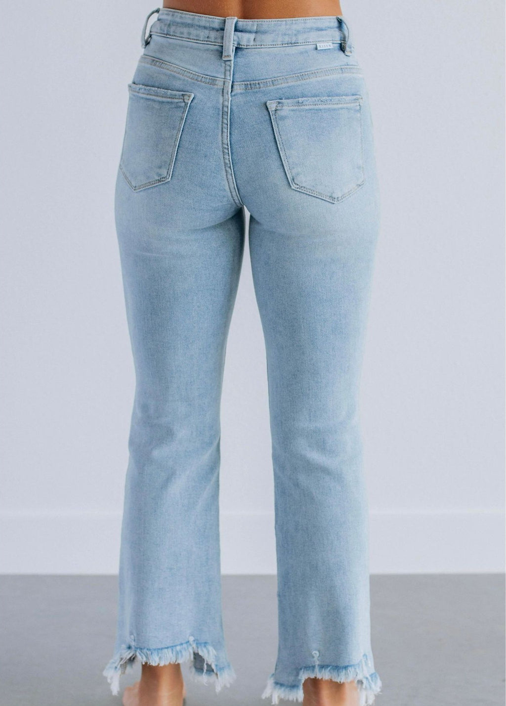 Frayed Hem Cropped Kick Flare Jeans - Light-Blue - 2