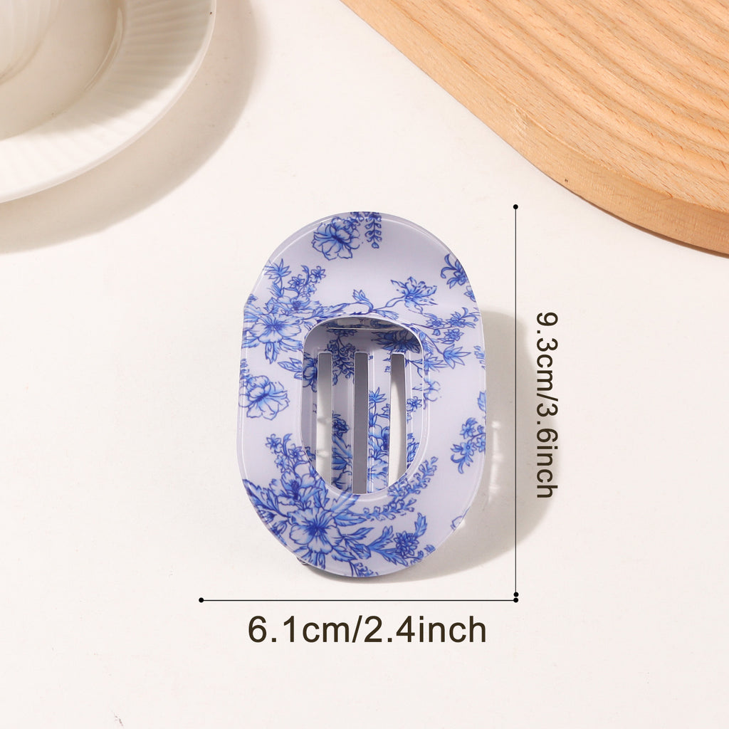Oval Hair Claw Clip in Floral and Marble Prints - Blue