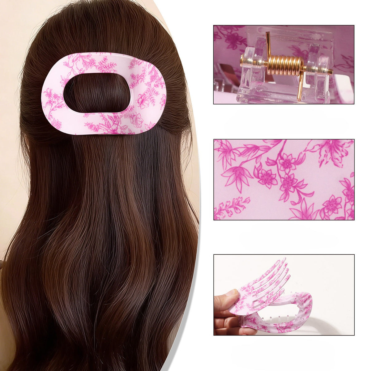 Oval Hair Claw Clip in Floral and Marble Prints - view 2