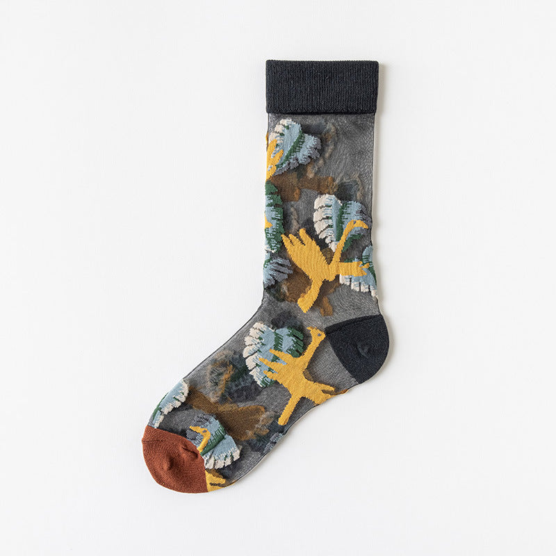 Sheer Mesh Floral Crew Socks - Brown