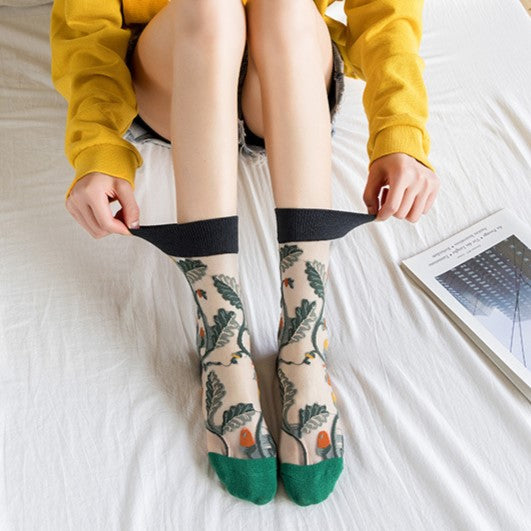 Sheer Mesh Floral Crew Socks - DarkGreen - 1