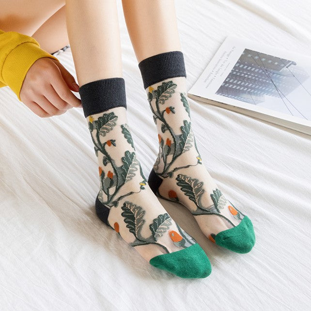 Sheer Mesh Floral Crew Socks - DarkGreen - 2