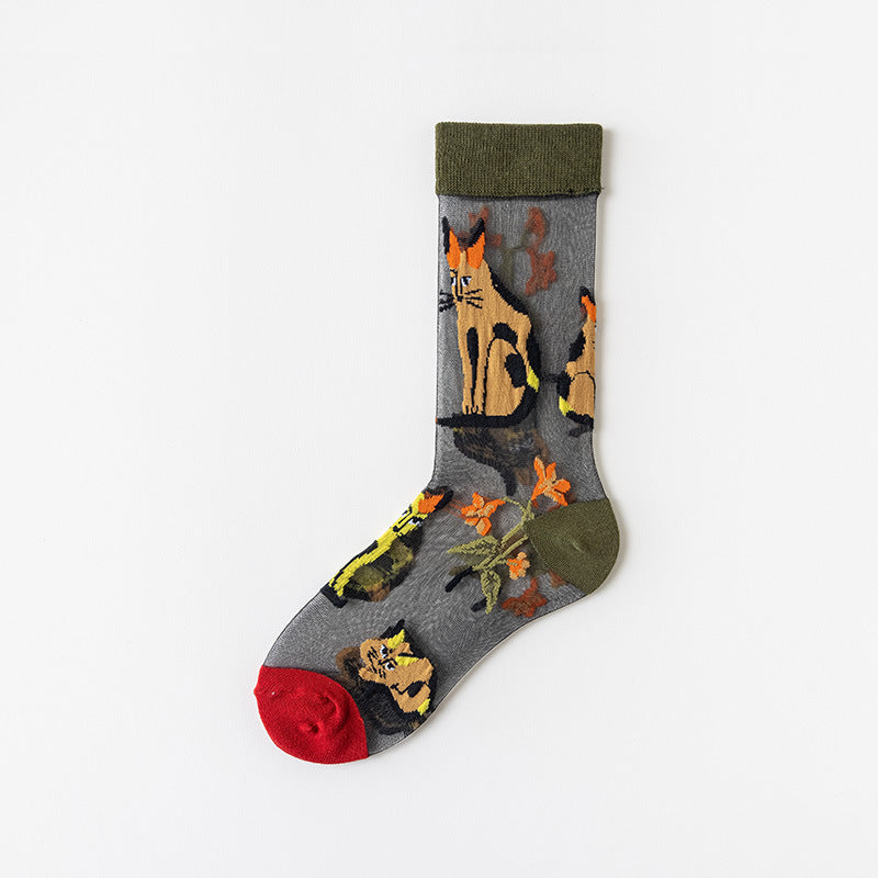 Sheer Mesh Floral Crew Socks - Red