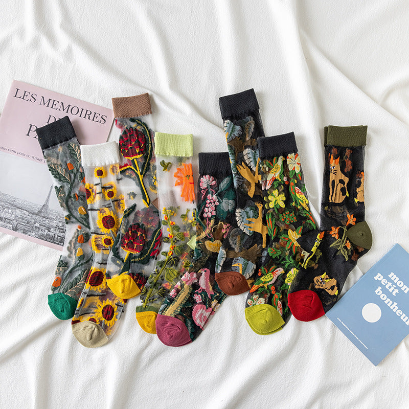 Sheer Mesh Floral Crew Socks - YellowBrown - 1