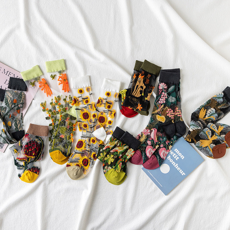 Sheer Mesh Floral Crew Socks - YellowBrown - 2